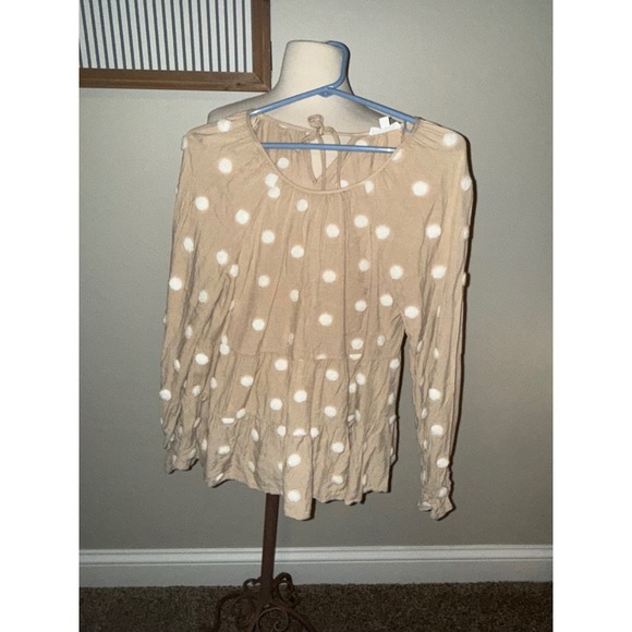 Blu Pepper Tops - Blu Pepper Tan Polka Dot Long Sleeve Tiered Ruffle Peasant Blouse Top M